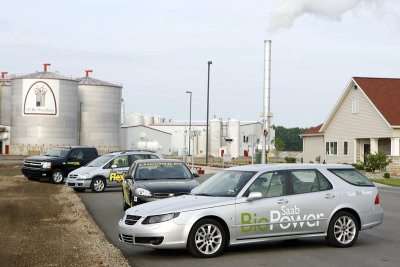 A selection of General Motors flexfuel vehicles that can run on E85 
ethanol and provide consumers a choice at the pump to reduce petrol 
consumption are displayed at the US Bio Woodbury Ethanol Plant in Lake Odessa, 
Michigan Tuesday, 29th May, 2007. In 2007, GM will offer Saab BioPower vehicles 
like the 9-3 (front) in Europe, 14 different US flexfuel models like the 
Chevrolet Impala (second) and the Chevy Silverado (rear), as well as Flexpower 
models like the Opel Zafira (rear) in Brazil.